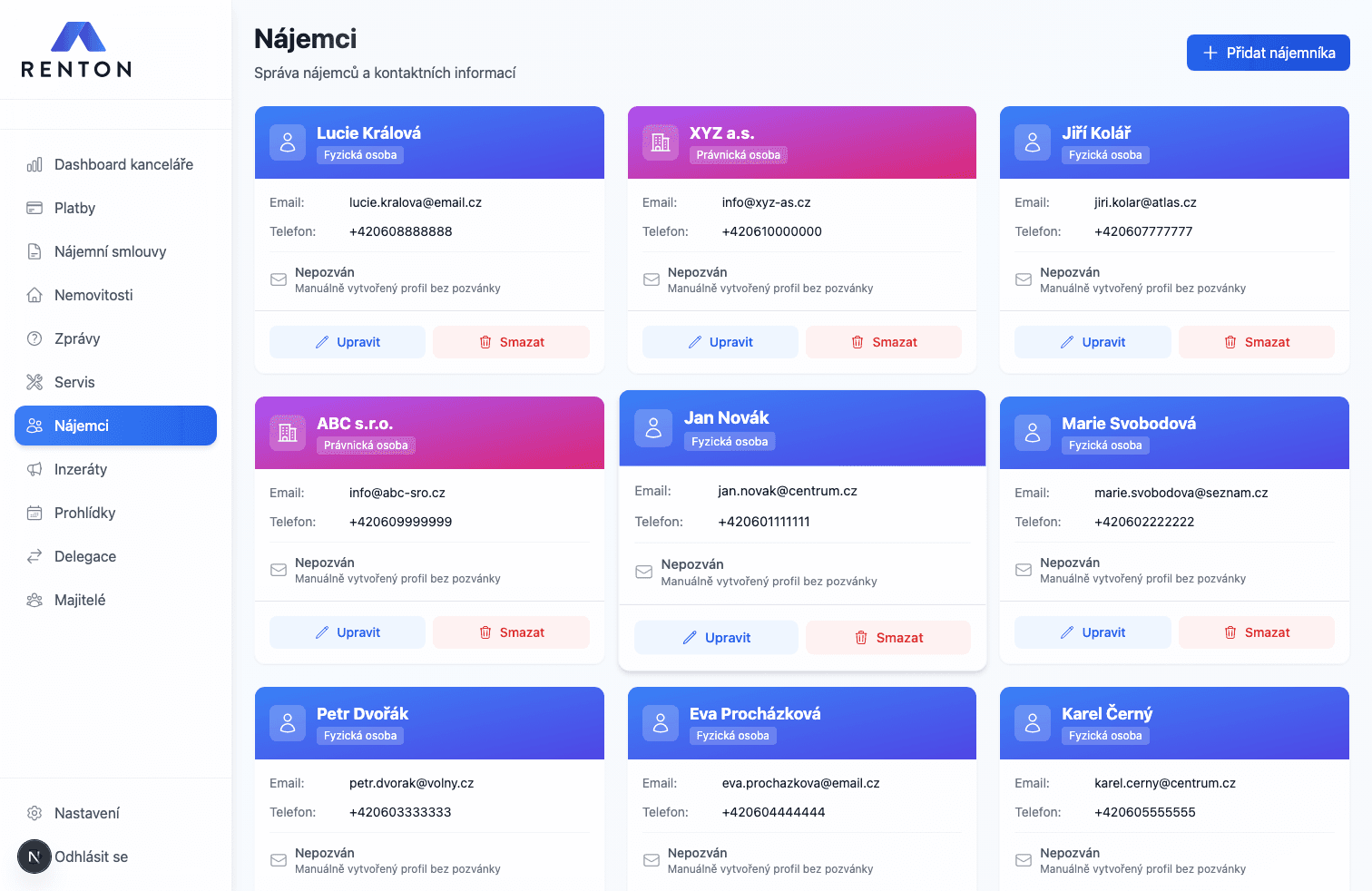 Ukázka evidence nájemníků v aplikaci Renton